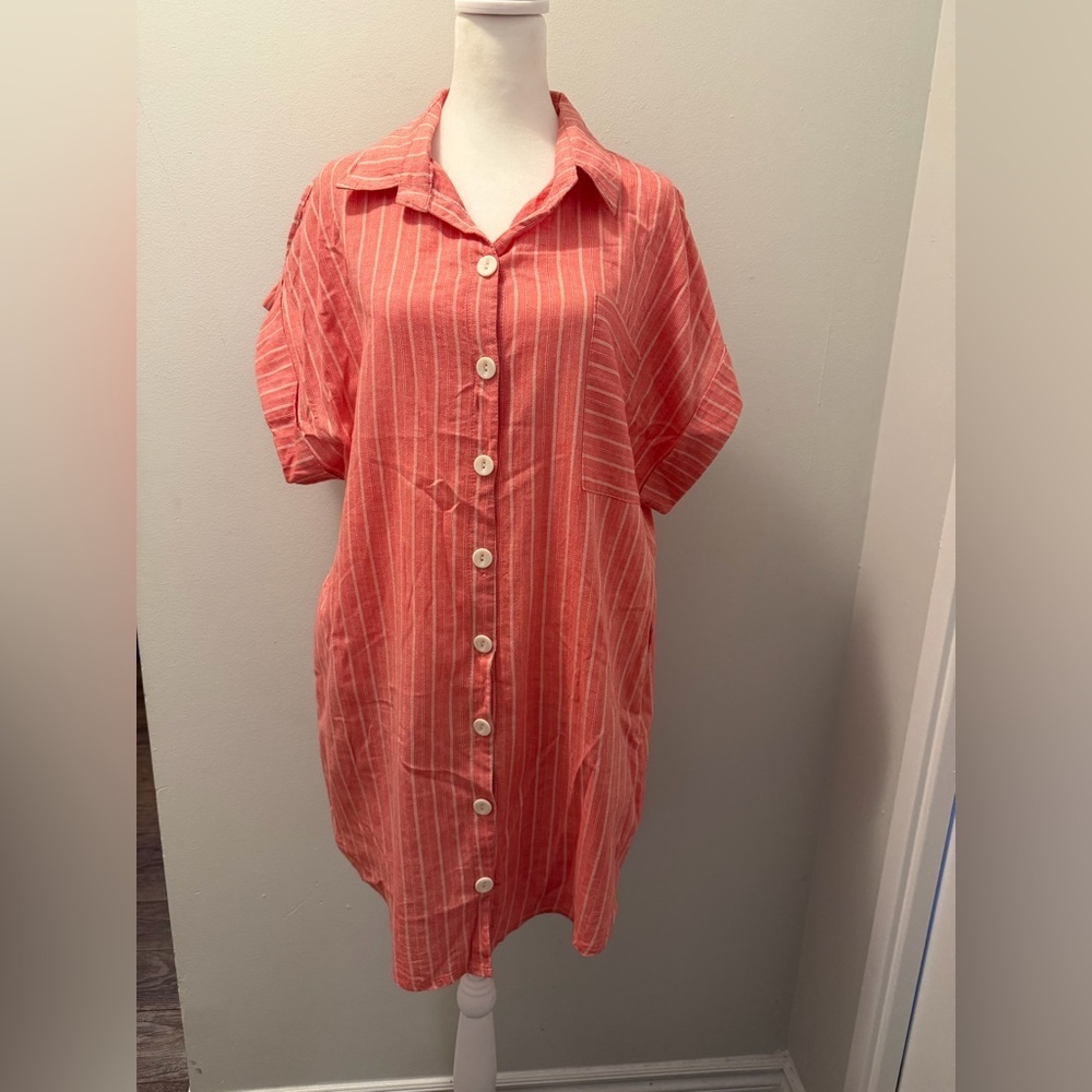 Coral Striped Button-Down Dress